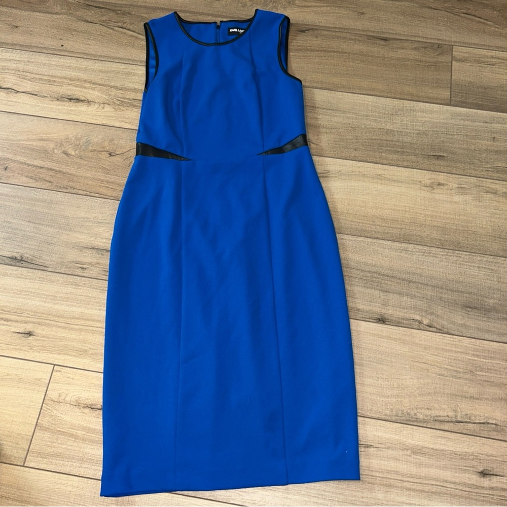 KARL LAGERFELD PARIS Sheath Dress Royal Blue Fraux Leather Piping Professional